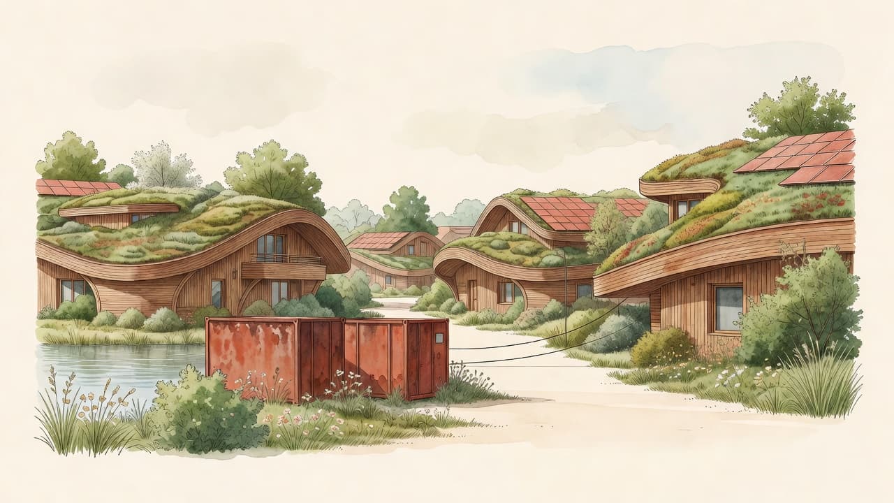 AI impression of two rust-red storage containers at the edge of the timber neighbourhood, a cable running to the curved houses
