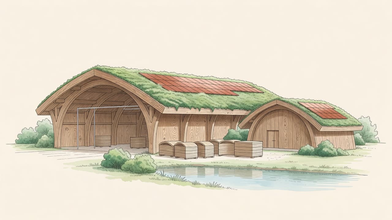 AI-impressie van een houtbouwfabriek: gebogen prefab-elementen gestapeld voor een open hal, met één afgebouwd huis ernaast