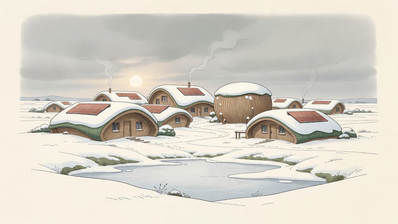 AI impression of the neighbourhood in a harsh winter: deep snow on the green roofs, a heavy grey sky and a large seasonal storage tank among the houses