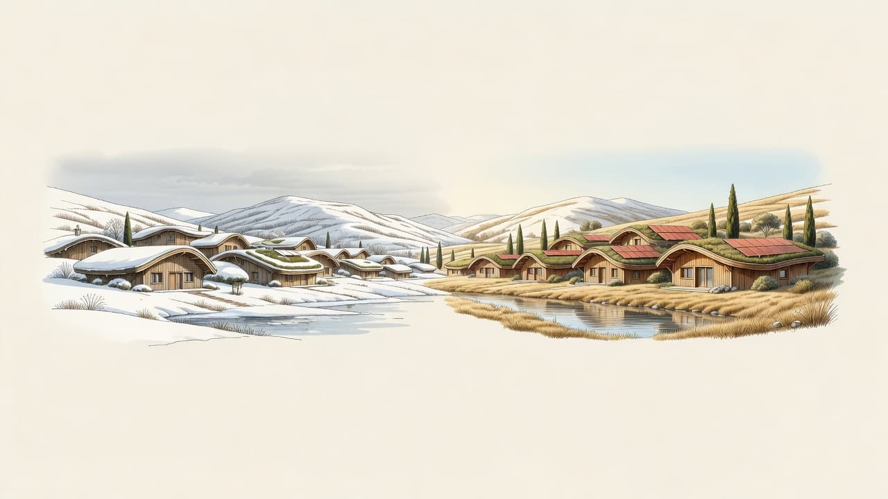 AI-impressie van hetzelfde houten dorp aan weerszijden van een bergkam: links diep in de sneeuw, rechts in mediterraan zonlicht met cipressen