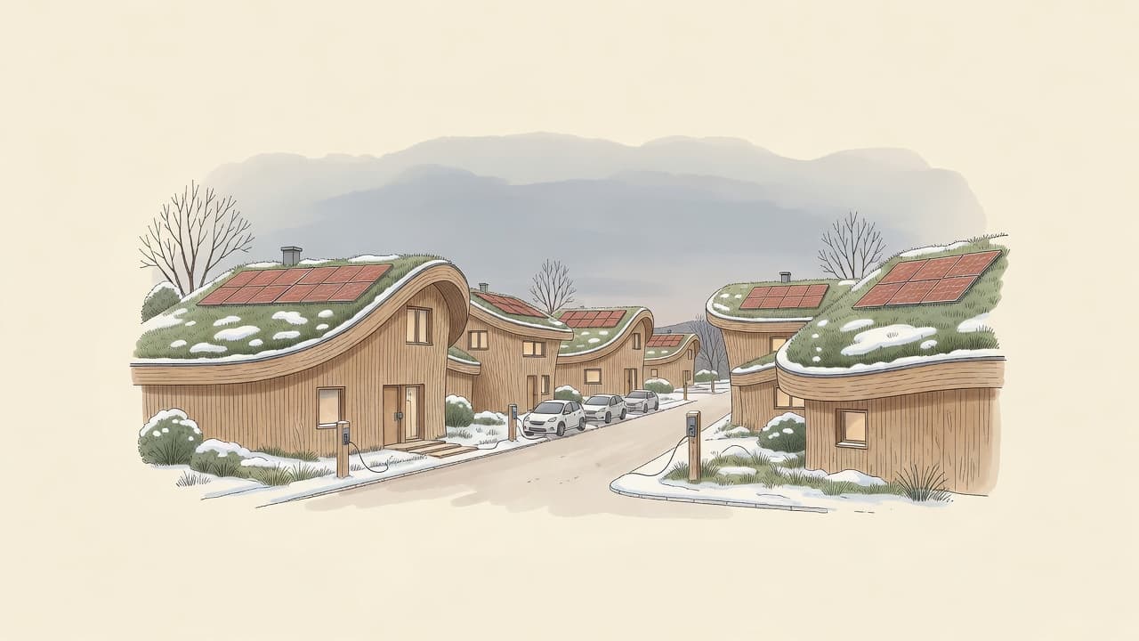 AI impression of the neighbourhood on a winter evening: snow on the green roofs, warm light behind the windows and three electric cars on charging cables along the lane