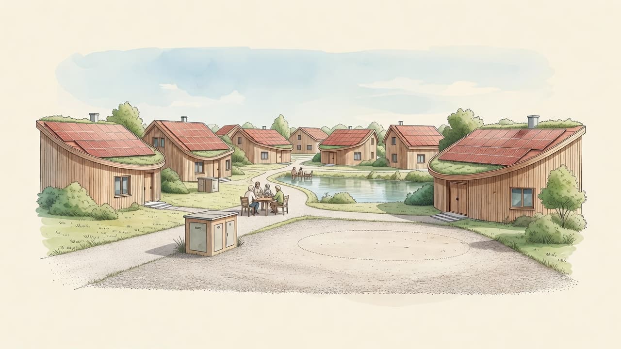 AI impression of the neighbourhood at its cost optimum: every roof covered in copper-red solar panels, a small battery cabinet by the path and an empty gravel plot where a seasonal storage tank could have stood