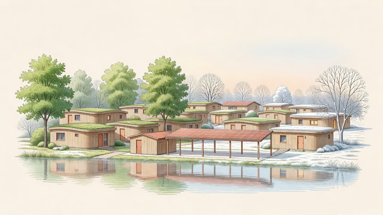 AI impression of a small eco-neighbourhood with round timber homes, a solar carport and a battery shed; summer light on the left, winter dusk on the right