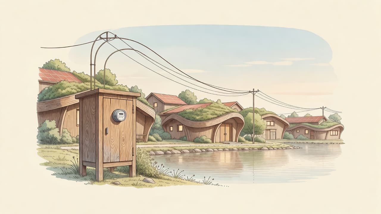 AI-impressie: het houten dorp bij schemering met een gedeelde aansluitkast en meter, dunne stroomlijnen naar de horizon