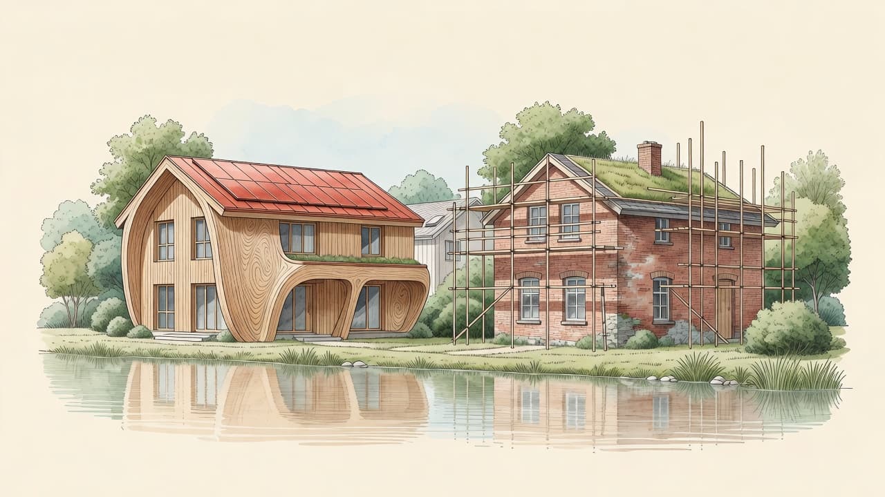 AI impression: a newly built curved timber house beside an older brick house in scaffolding, the choice between building new and renovating