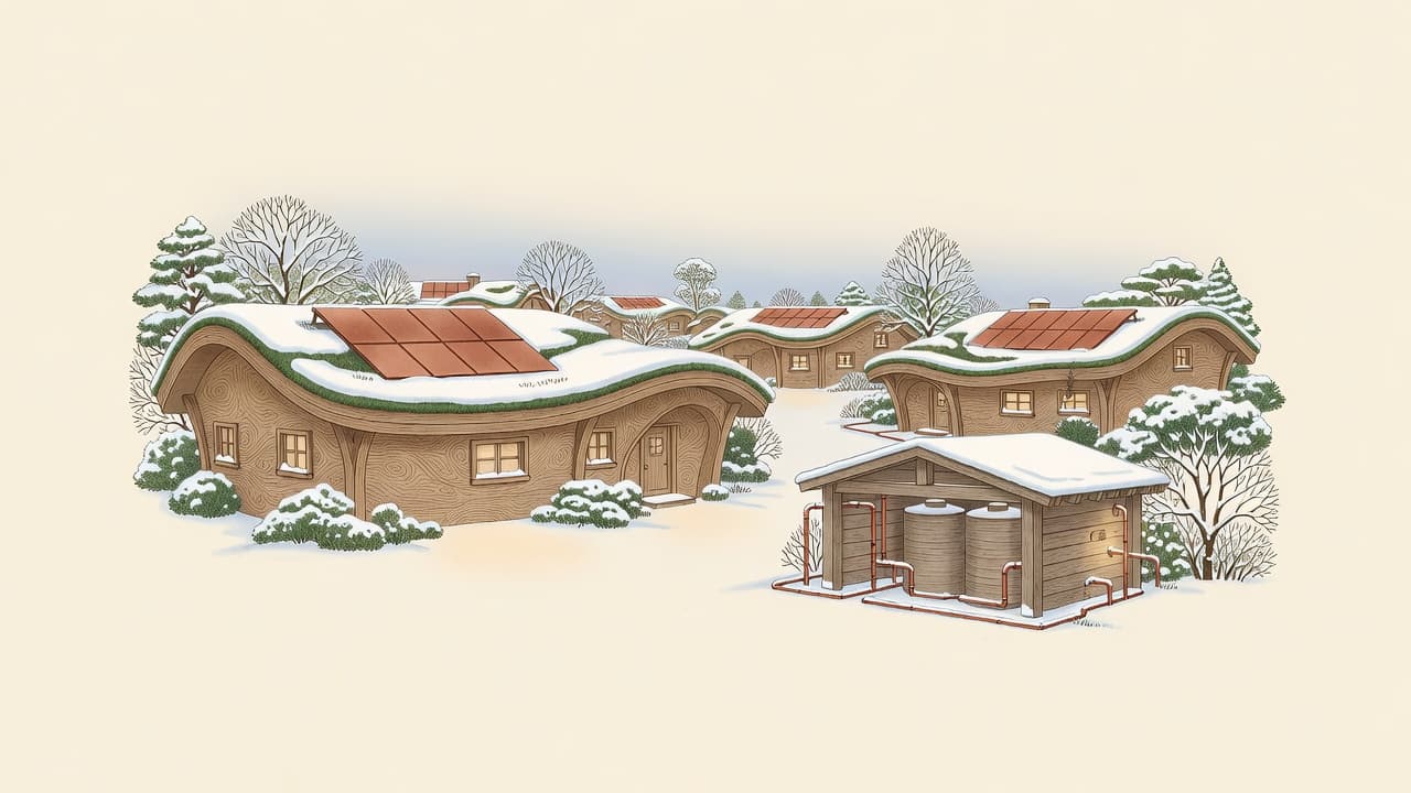 AI-impressie van de gesimuleerde wijk in diepe winter, met aan de rand een houten seizoensopslag-paviljoen met tanks en koperen leidingen