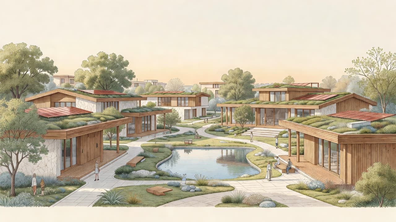 AI-impressie van de toekomstvisie: elegante laagbouw van hout, natuursteen en glas rond een waterpartij, met groene daken en geïntegreerde zonnepanelen